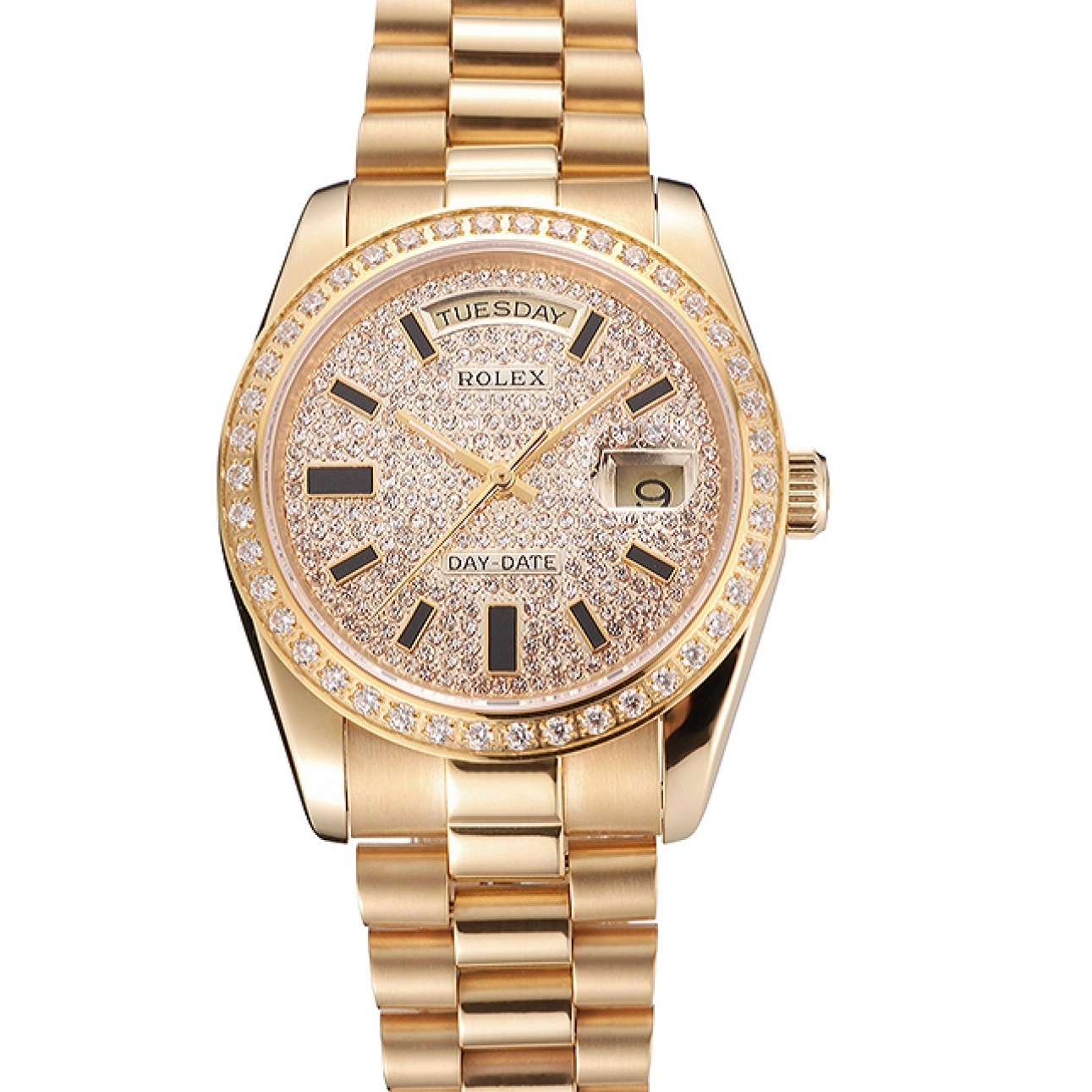 Aaa replica Bezel And And Date Rolex Dial Gold Pave Diamond Bracelet Case Day Swiss 0518